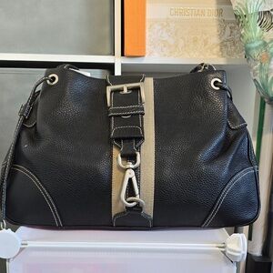 Prada Authentic Elegant Black and Silver Leather Shoulder Bag